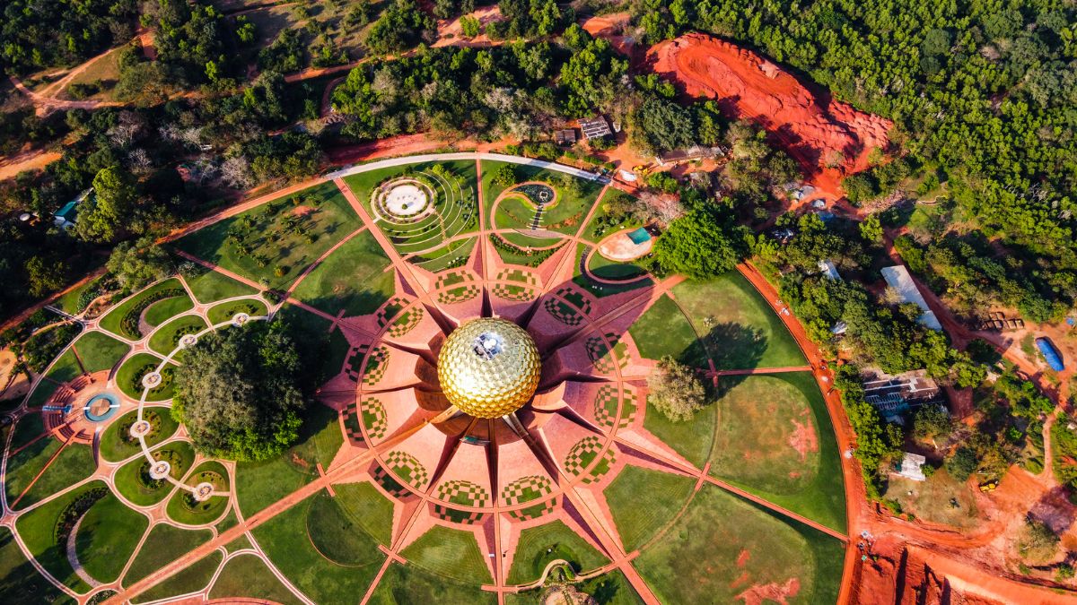 Aerial view of the Matrimandir, Auroville
